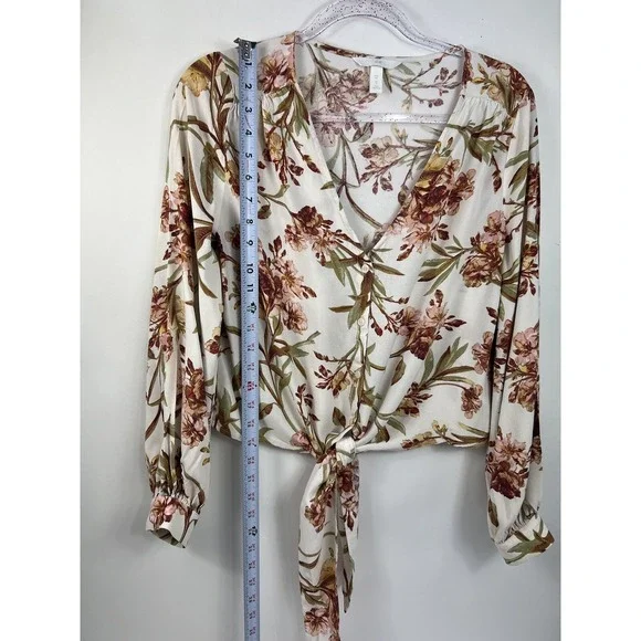 H&M Size 8 Women White Brown Floral Long Sleeve Button-Up Front Tie Top Blouse - Picture 5 of 10